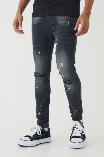 Black Skinny Stretch Ripped Paint Splatter Jeans