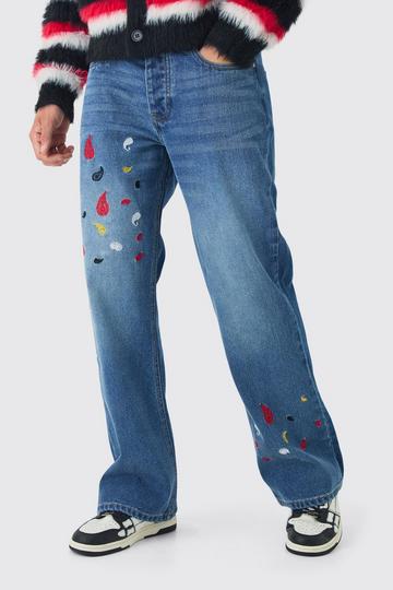 Relaxed Rigid Flare Paisley Embroidered Jeans mid blue