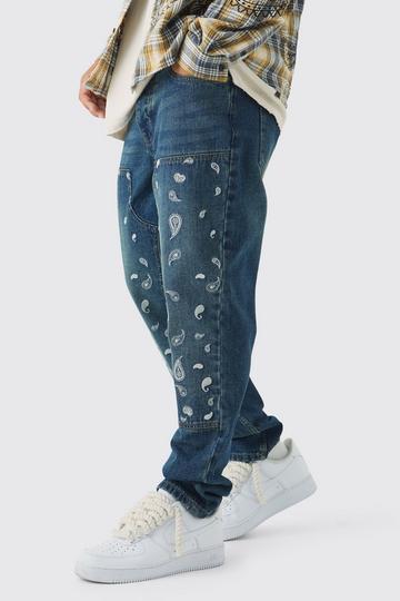 Blue Straight Leg Antique Carpenter Paisley Embroidered Jeans