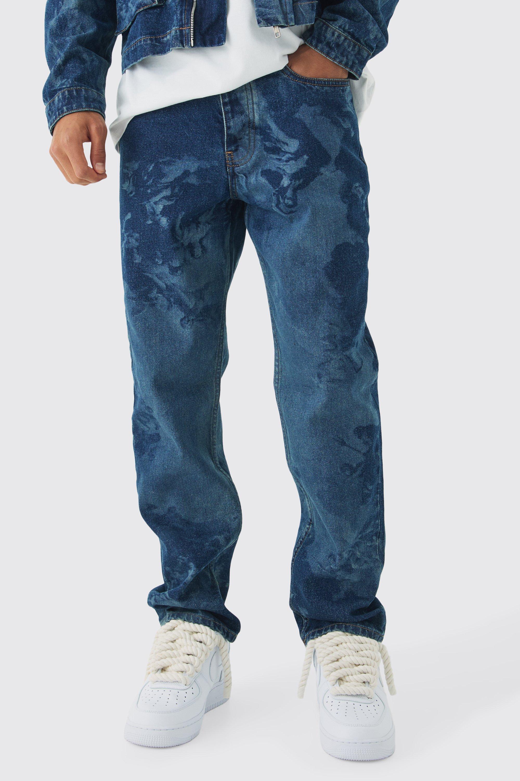 Vintage blue Slim Fit Renaissance Laser Print Denim Jeans