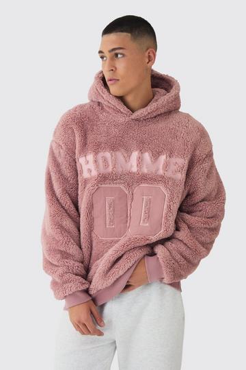 Oversized Homme Varsity Applique Teddy Borg Hoodie dusty pink