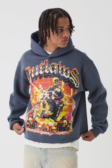 Charcoal Grey Oversized Boxy Outlaws Large Scale Graphic Hoodie