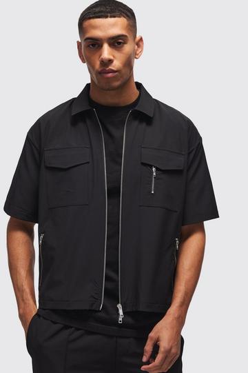 Technical Stretch Oversized Boxy Zip Through Pocket Detail Shirt black