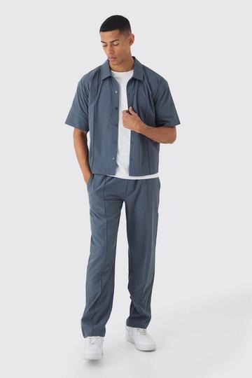 Technical Stretch Oversized Boxy Shirt & Straight Leg Trouser Set slate blue