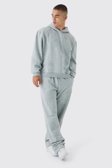 Oversized Boxy Cross Applique Hoodie And Relaxed Jogger Tracksuit grey marl