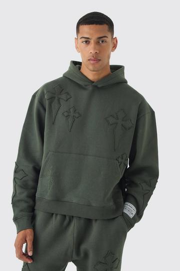 Oversized Boxy Cross Applique Hoodie khaki