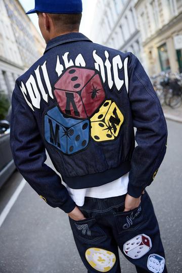 Boxy Denim Roll The Dice Embroidered Bomber Jacket indigo