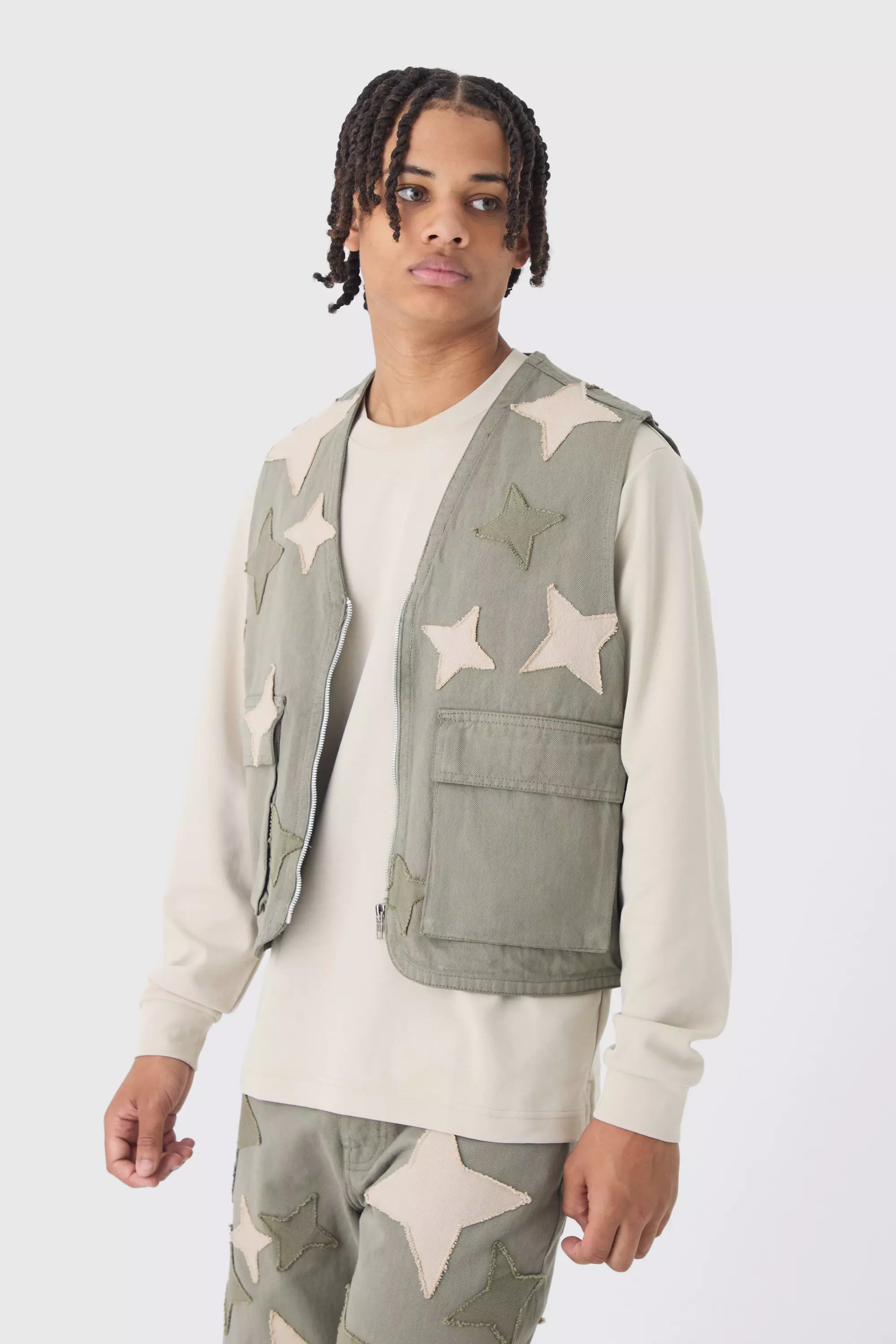 Khaki Relaxed Fit Star Patchwork Applique Jeans alternative image