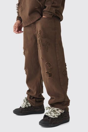 Baggy Fit Cross Applique Dirty Wash Jeans brown