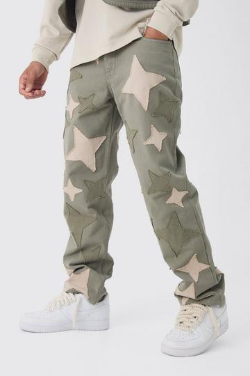 Relaxed Fit Star Patchwork Applique Jeans khaki