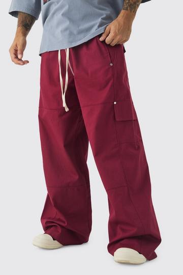 Red Elasticated Waist Baggy Fit Heavy Twill Extended Drawcord Cargo Trousers