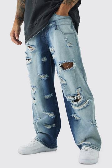 Baggy Fit Double Boxer Waistband All Over Ripped Jeans indigo