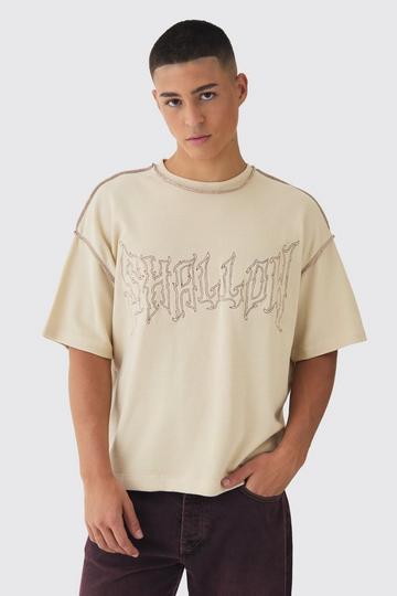 Oversized Boxy Waffle Embroidered Contrast Stitch T-shirt stone