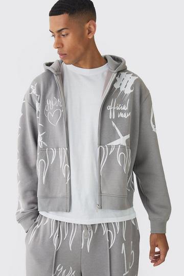 Oversized Boxy All Over Print Graffiti Zip Through Hoodie grey