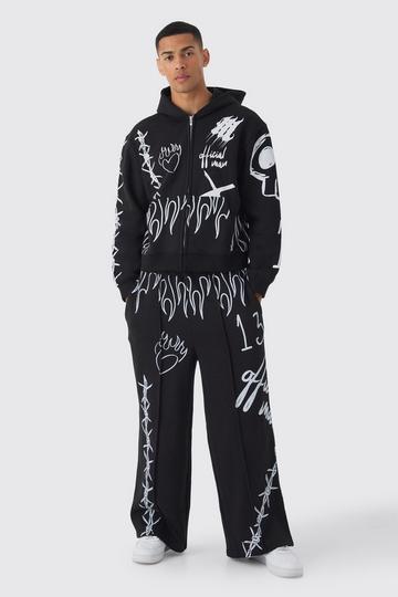 Oversized Boxy All Over Print Graffiti Zip Through Tracksuit black