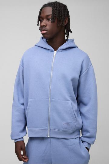 Blue 330GSM Oversized Boxy Zip Through Hoodie With Woven Branding