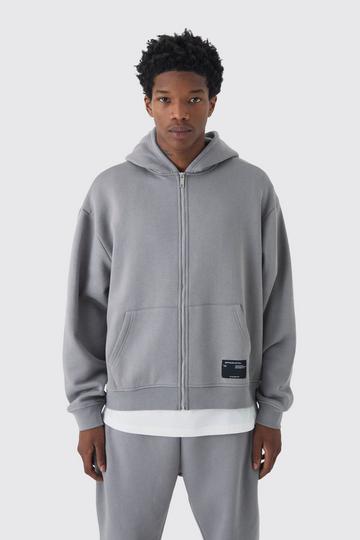 330GSM Oversized Boxy Zip Through Hoodie With Woven Branding grey