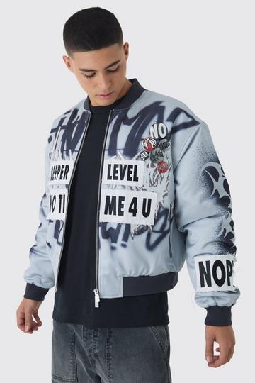 Boxy Graffiti Print Bomber Jacket In Grey grey