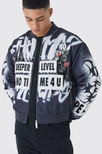 Boxy Graffiti Print Bomber Jacket In Black black