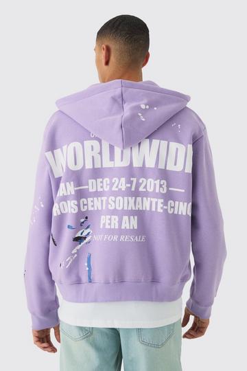 Purple Oversized Boxy Paint Splatter Printed Zip Through Hoodie