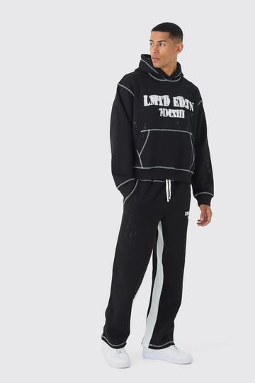 Oversized Boxy Contrast Stitch Paint Splatter Printed Tracksuit black