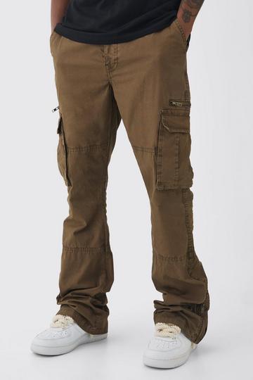 Tall Slim Flare Zip Gusset Overdye Acid Wash Cargo Trouser In Chocolate chocolate