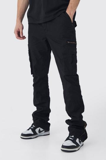 Black Tall Slim Flare Zip Gusset Overdye Acid Wash Cargo Trouser In Black