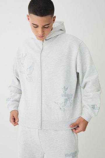 Smart Oversized Boxy Embroidered Super Heavyweight Zip Through Loopback Hoodie ash grey