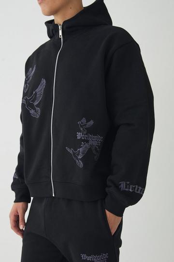 Smart Oversized Boxy Embroidered Super Heavyweight Zip Through Loopback Hoodie black