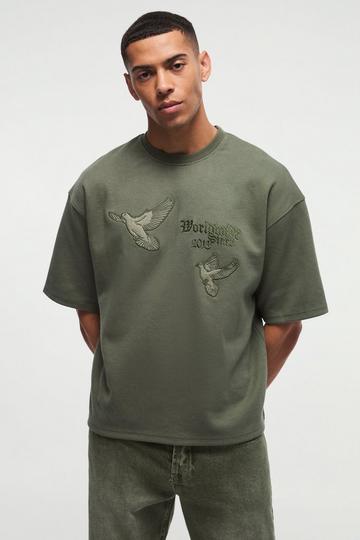 Khaki Smart Oversized Boxy Super Heavyweight Embroidered Interlock T-shirt