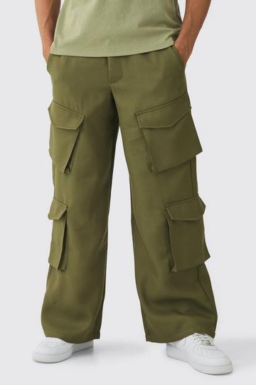 Green Fixed Waist Wide Textured Multi Pocket Cargo Trousers