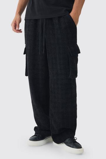 Elasticated Waist Baggy Boucle Cargo Pocket Trousers black