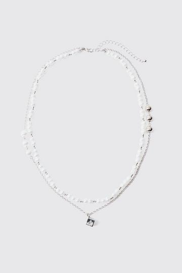 Silver Pearl Chain And Dice Pendant Multi Layer Necklace