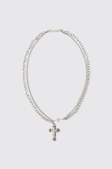 Silver Cross Pendant Multi Layer Necklace