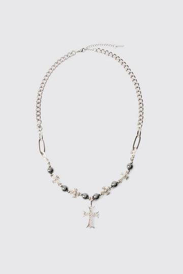 Iced Cross Pendant Pearl Necklace silver