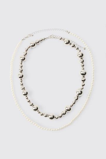 Silver Pearl And Metal Bead Multi Layer Necklace