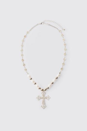 Cross Pendant Pearl And Metal Bead Necklace silver