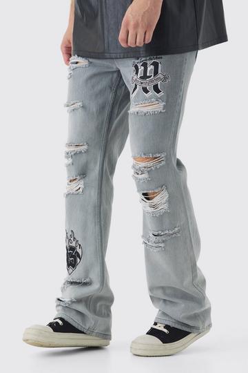 Grey Tall Applique Ripped Slim Fit Flared Jeans