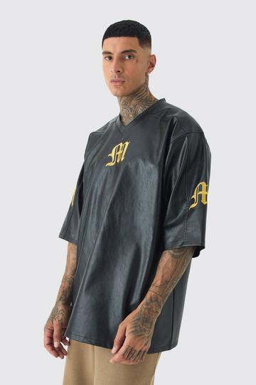 Black Tall Oversized PU Raglan Embroidered Varsity Shirt