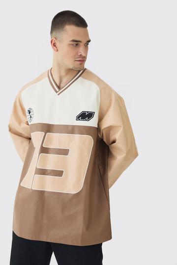 Tall Oversized Geborduurde PU Raglan Varsity Trui brown
