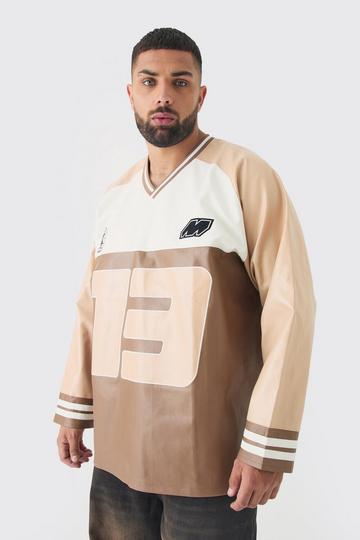 Brown Plus Oversized PU Raglan Embroidered Varsity Shirt