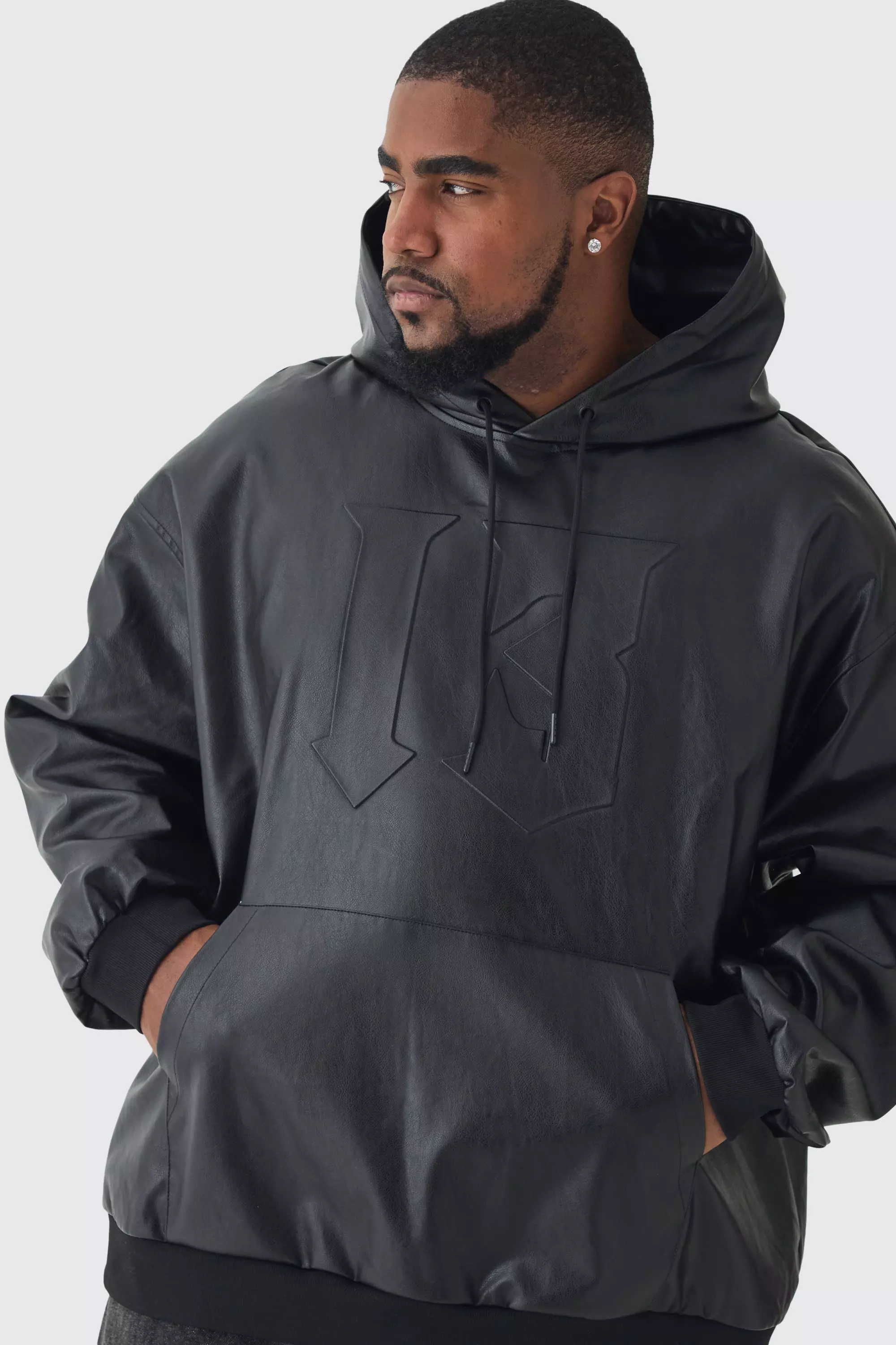 Black Plus Oversized PU Drop Shoulder Embossed Hoodie alternative image