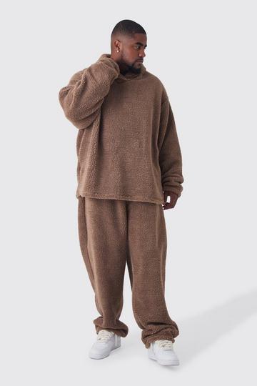 Plus Fluffy V Neck Sweatshirt & Jogger Lounge Set In Brown brown