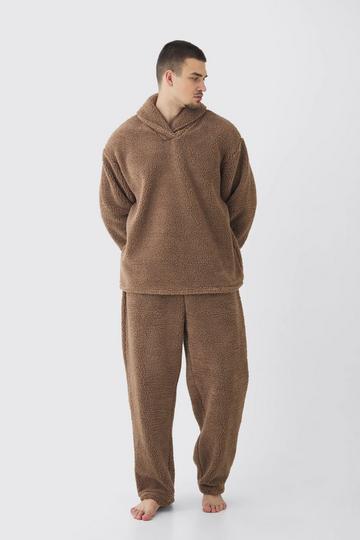 Tall Fluffy V Neck Sweatshirt & Jogger Lounge Set In Brown brown