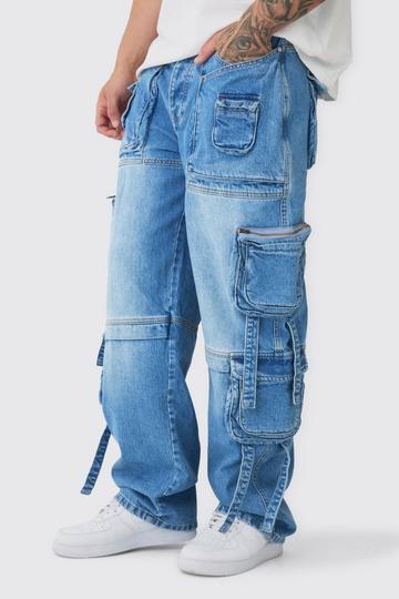 Tall Baggy Rigid Multi Pocket Strap Detail Cargo Jeans light blue