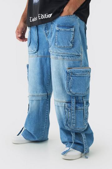 Plus Baggy Rigid Multi Pocket Strap Detail Cargo Jeans light blue