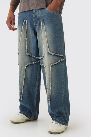 Baggy Fit Rigid Large Distressed Star Jeans antique blue