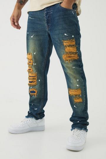 Slim Rigid Paint Splat Ripped Jeans antique blue