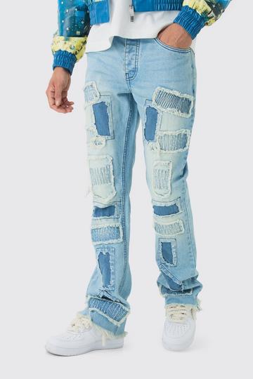 Flared Stacked Rip & Repair Stitch Jeans light blue