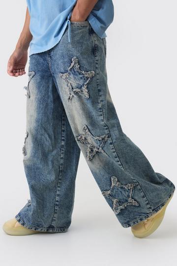 Wide Leg Rigid Star Distressed Applique Jeans vintage blue